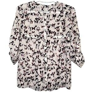 Mango Butterfly Print Sheer Blouse Purple Taupe Button Front Romantic Top Small